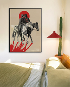 A poster with two riding cowboys, kissing.