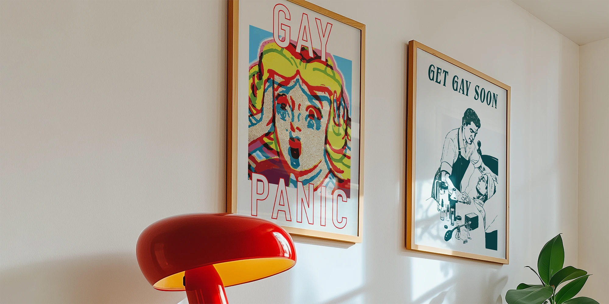 Two framed, funny and queer typography posters.