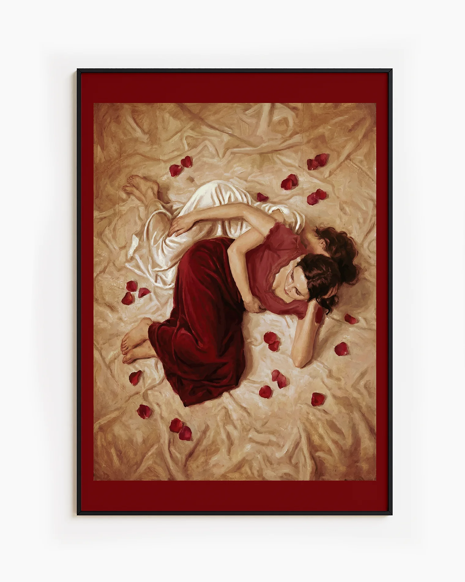 A framed poster with two sapphic ladies in a bed, surrounded by rose pedals.