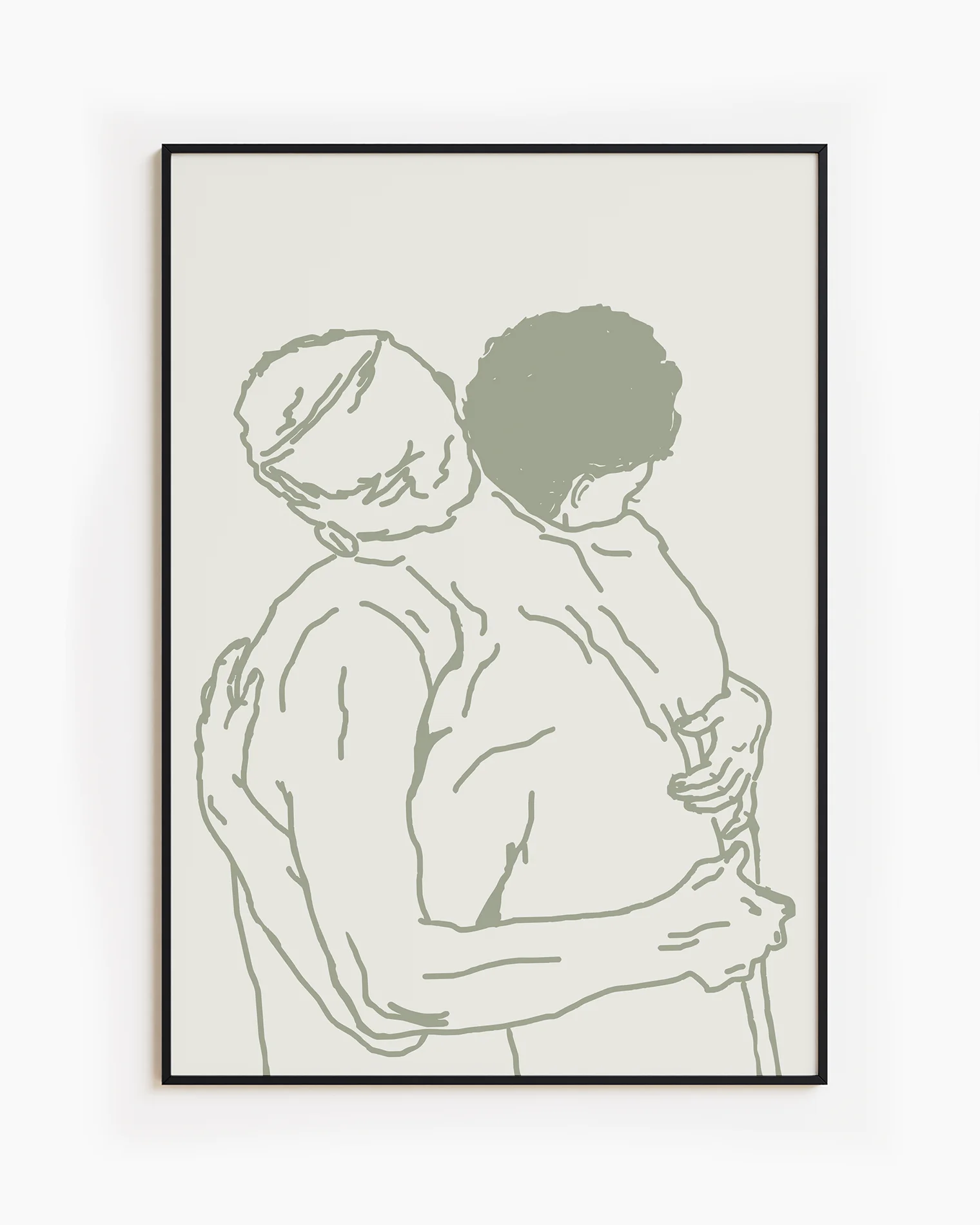 A framed poster with two naked men hugging, lineart style.