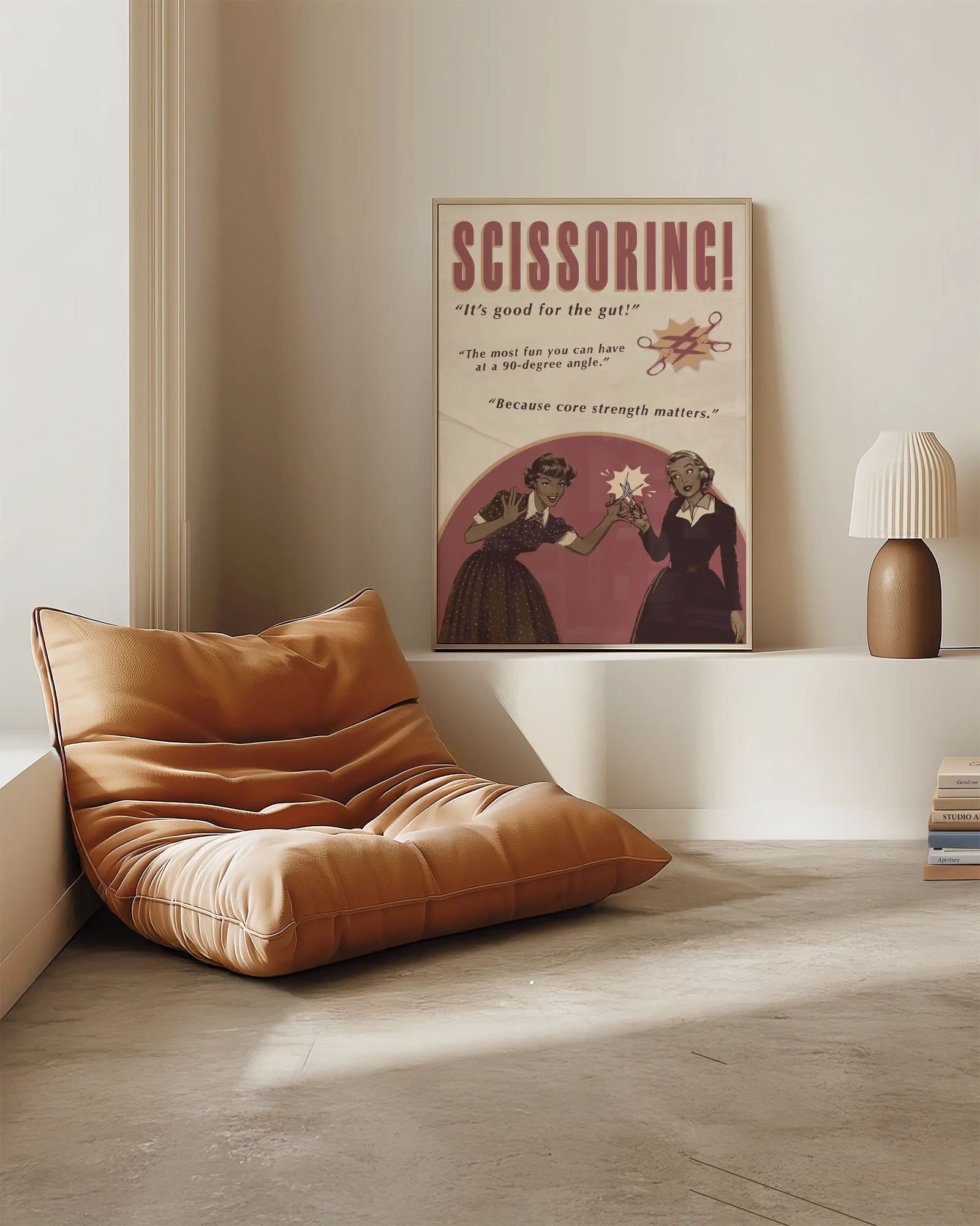 A print featuring two women playfully holding a pair of scissors toward each other, with the texts: “SCISSORING!”, “It’s good for the gut!”, “The most fun you can have at a 90-degree angle”, and “Because core strength matters.”