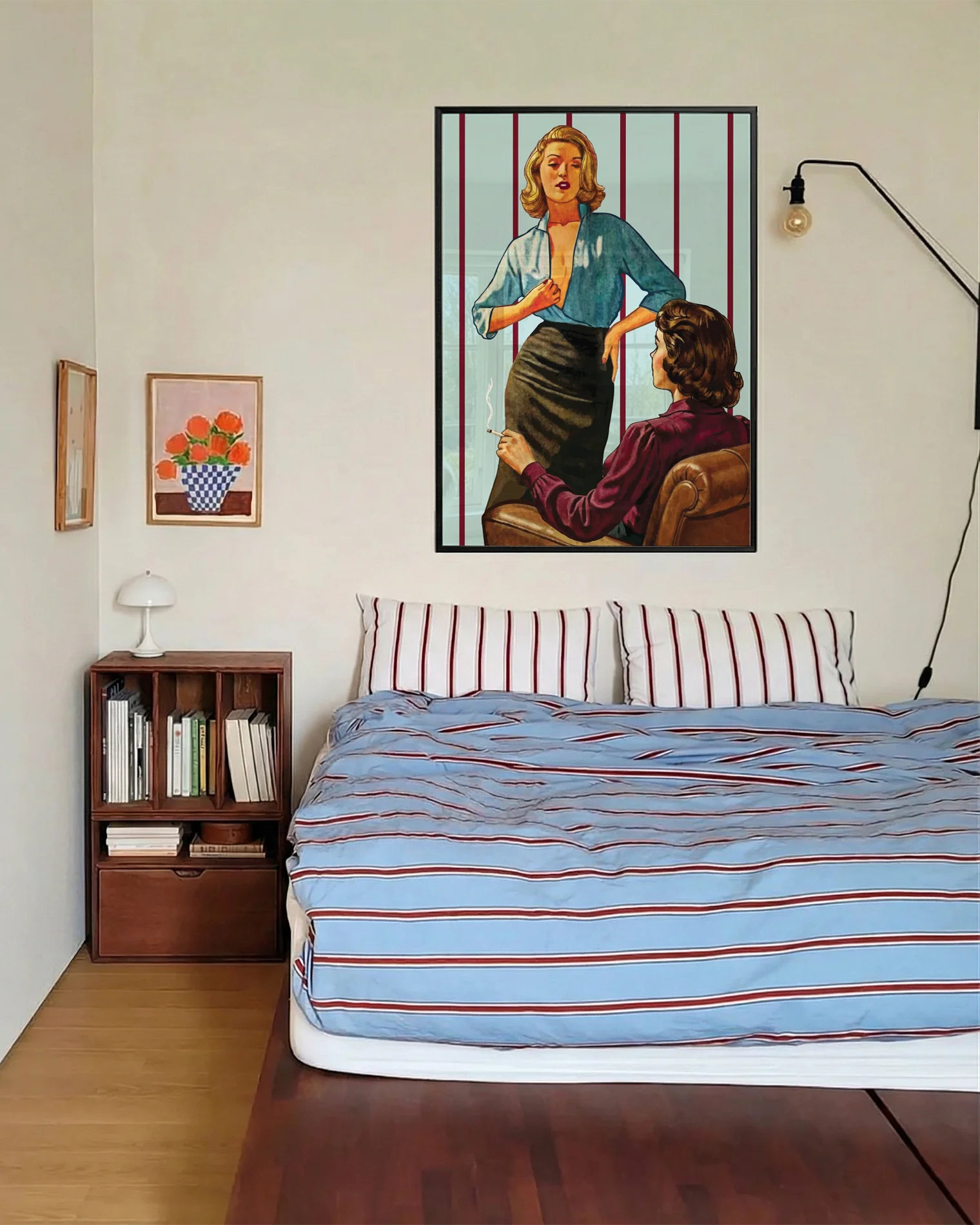 A framed poster with a sapphic couple seducing each other, 1940's style.