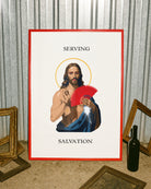 A poster with an illustrated Jesus in red makeup, holding a handfan with the text 'Serving Salvation'.