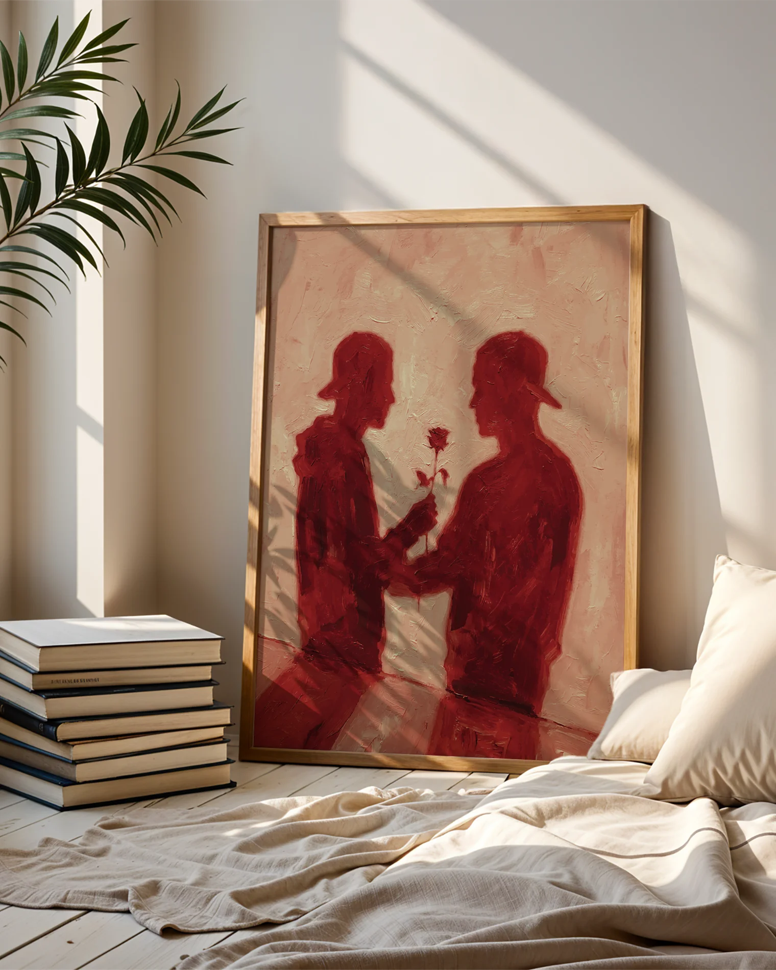 Postern föreställer två män som ger varann en ros, vars skuggor reflekteras mot en vägg.