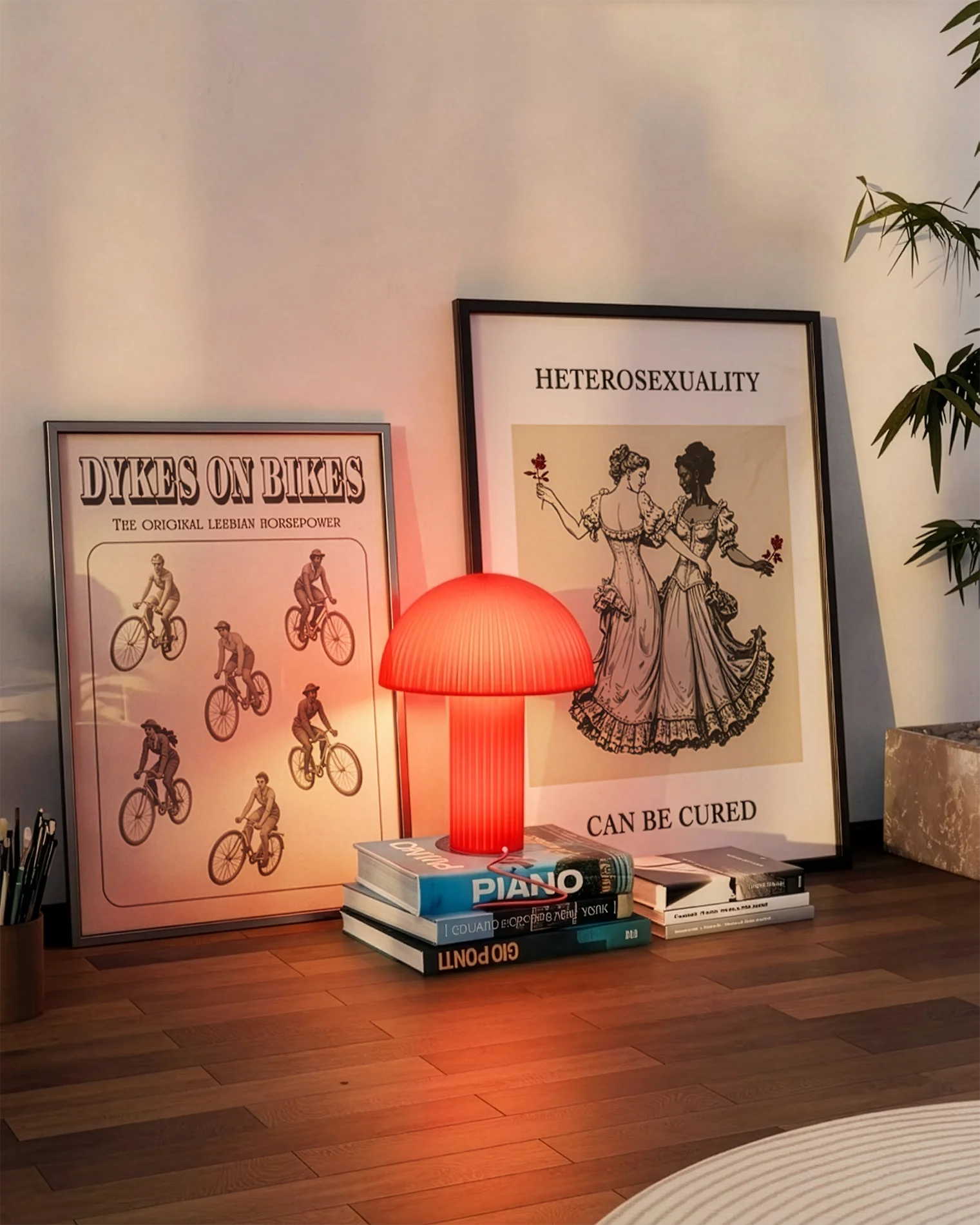 A gallery wall with several framed, queer posters in a living room.