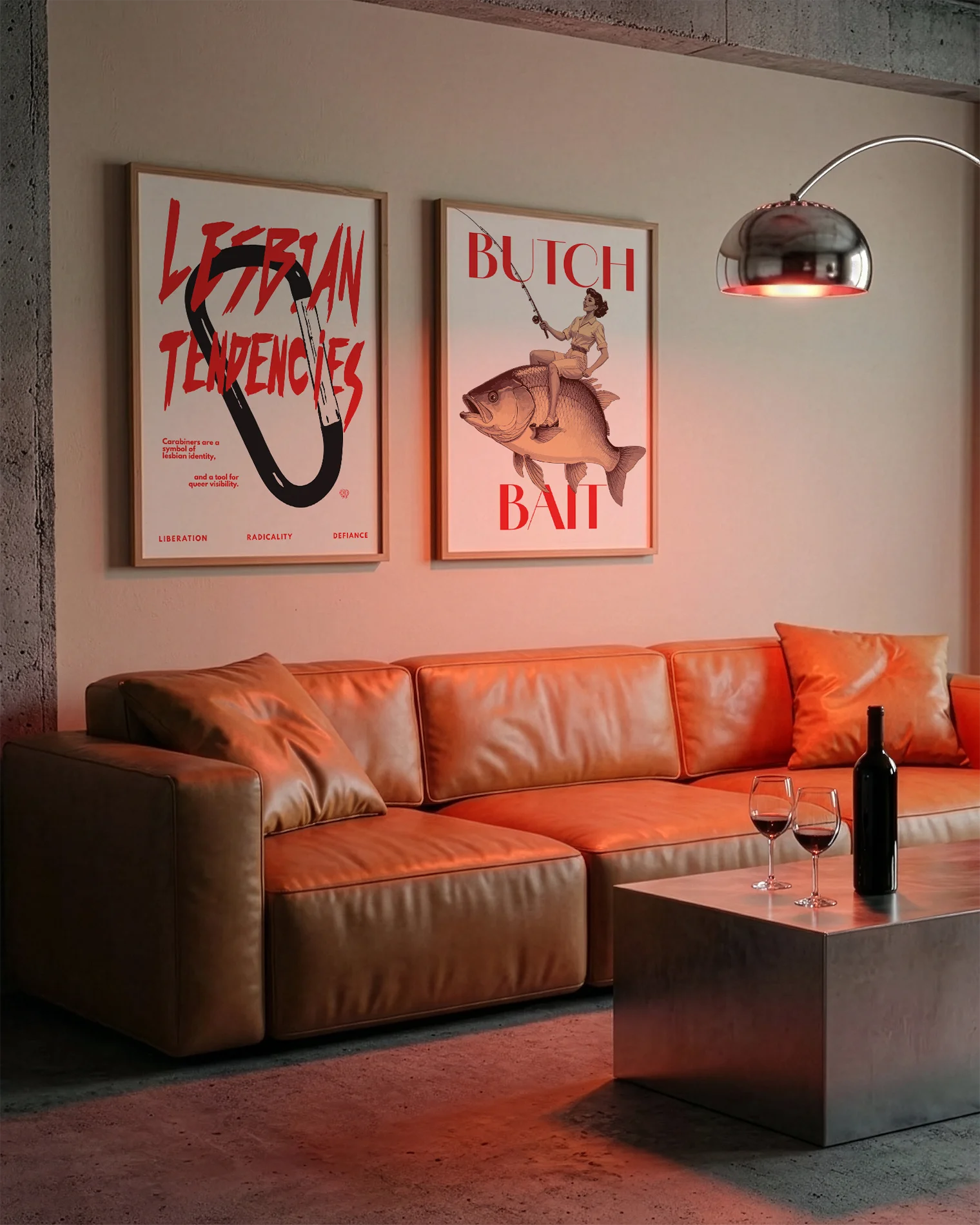 A gallery wall with several framed, queer posters in a living room.