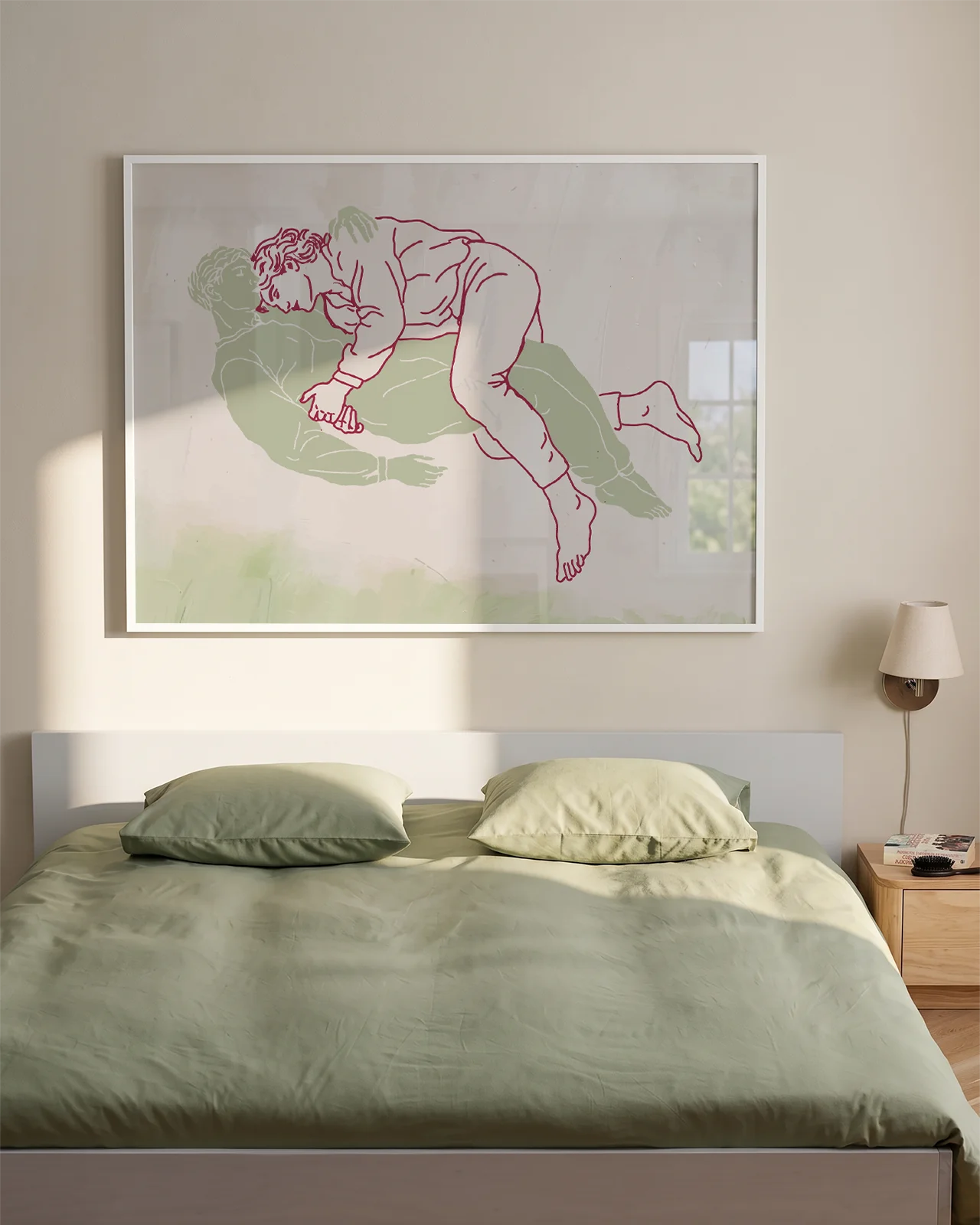 An abstract, landscape formatted poster with two gay men laying down cuddling.