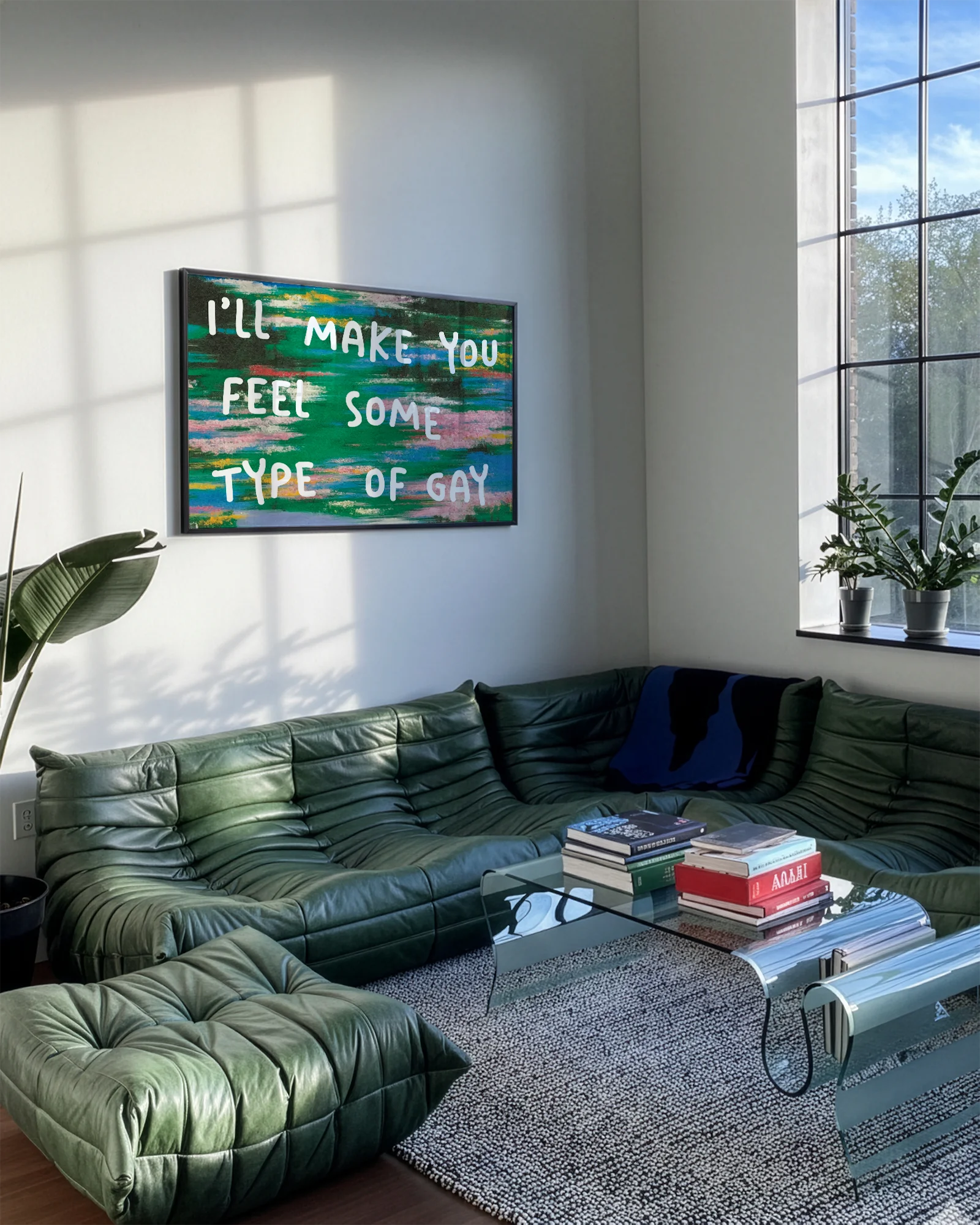 A poster with the text 'I'LL MAKE YOU FEEL SOME TYPE OF GAY', against an abstract landscape.