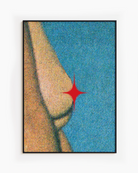A framed poster showing female breasts coevered with a red star, abstract and grainy style.