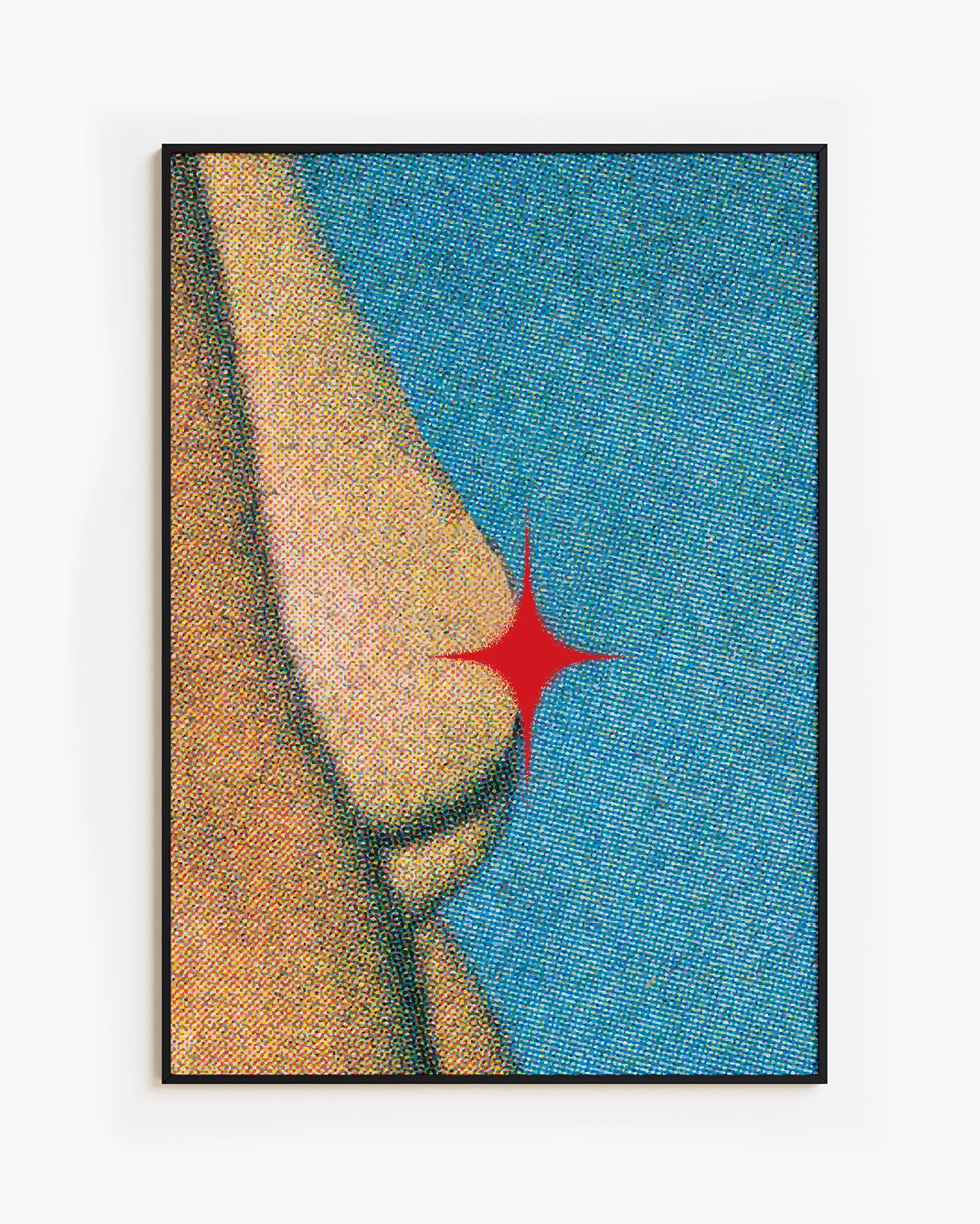 A framed poster showing female breasts coevered with a red star, abstract and grainy style.