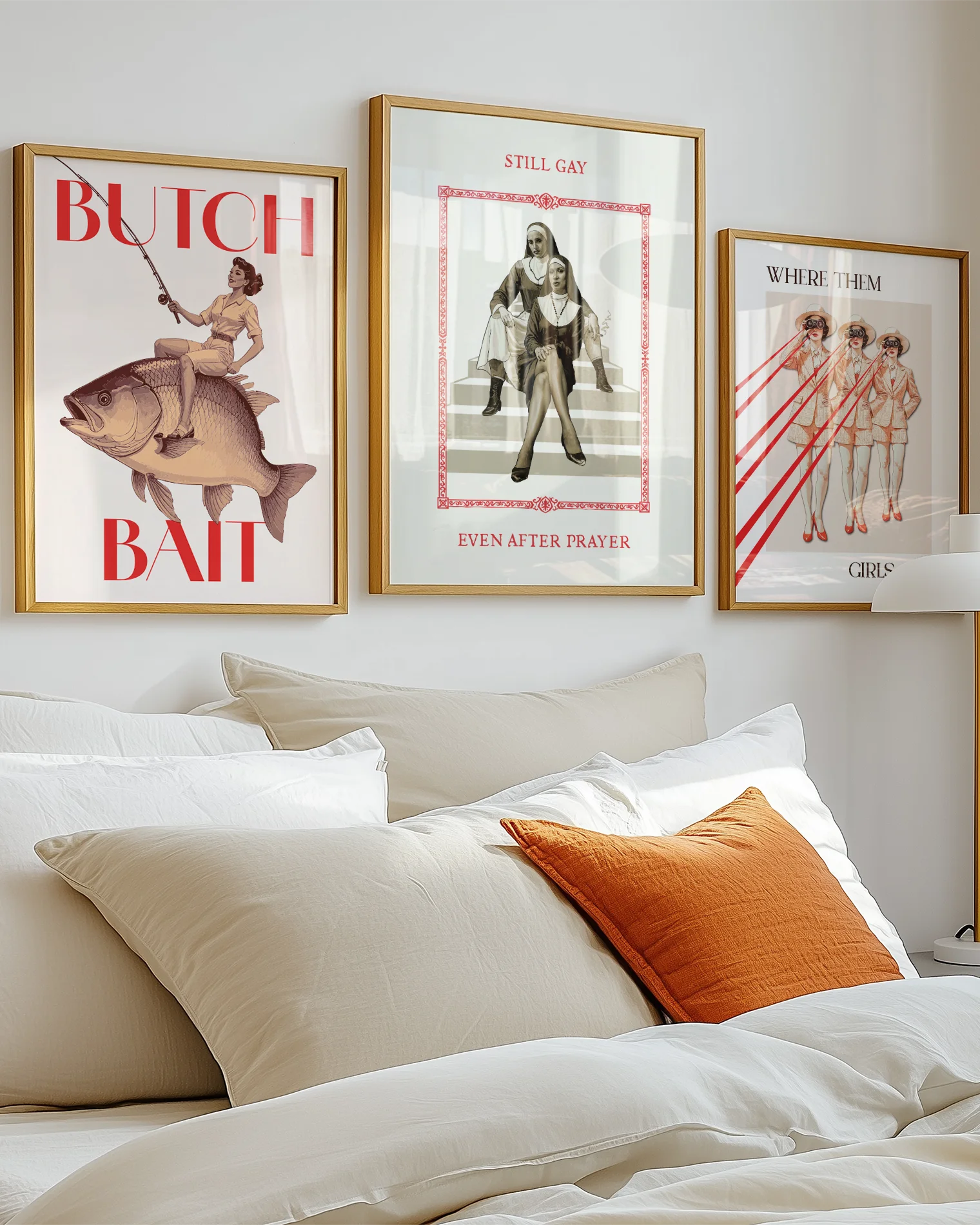 A poster featuring two rebellious nuns sitting on a staircase in a confident pose, with the text: “STILL GAY, EVEN AFTER PRAYER.”