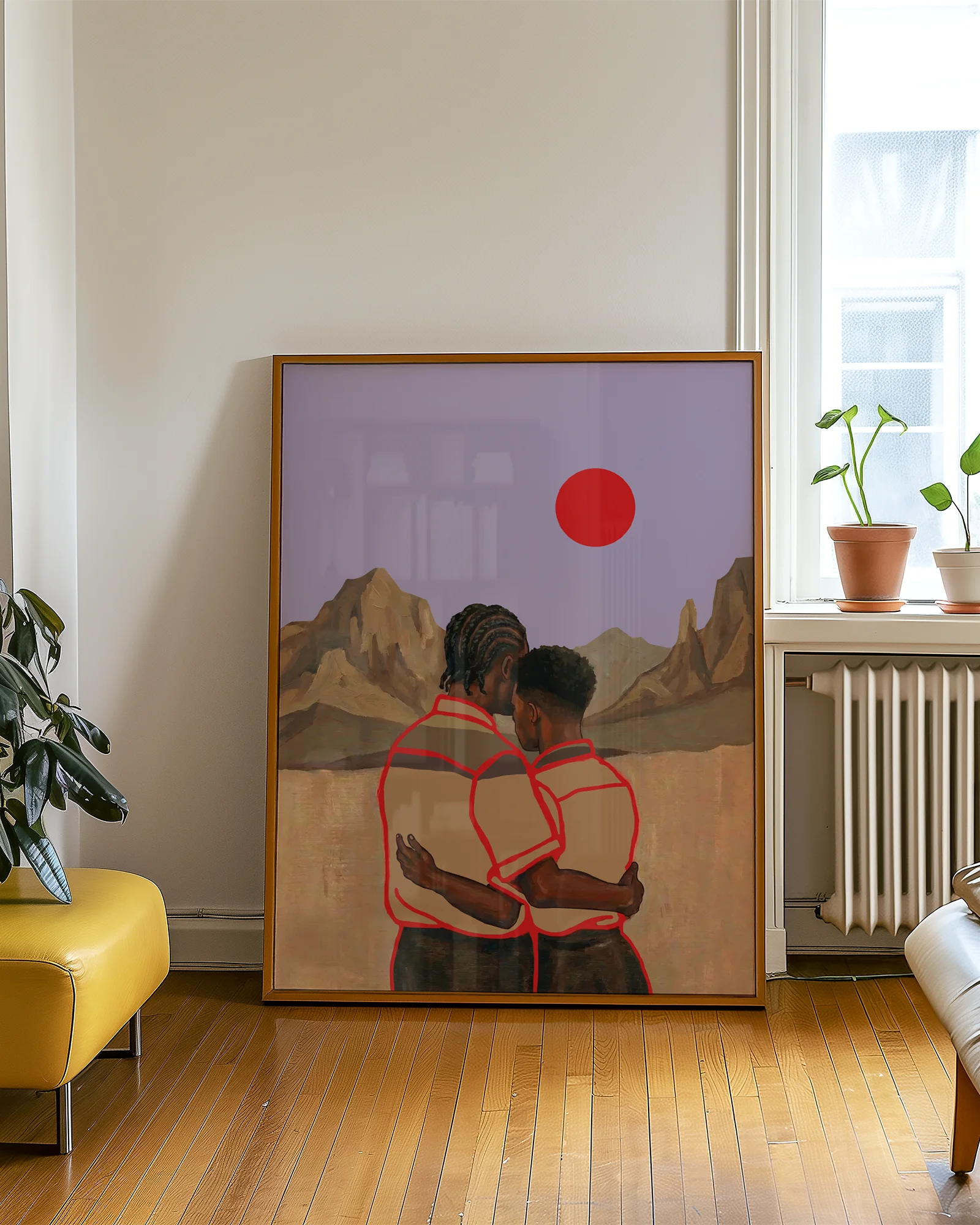 En poster som föreställer två män i en omfamning framför en vacker bergskedja, röd sol och lila himmel.