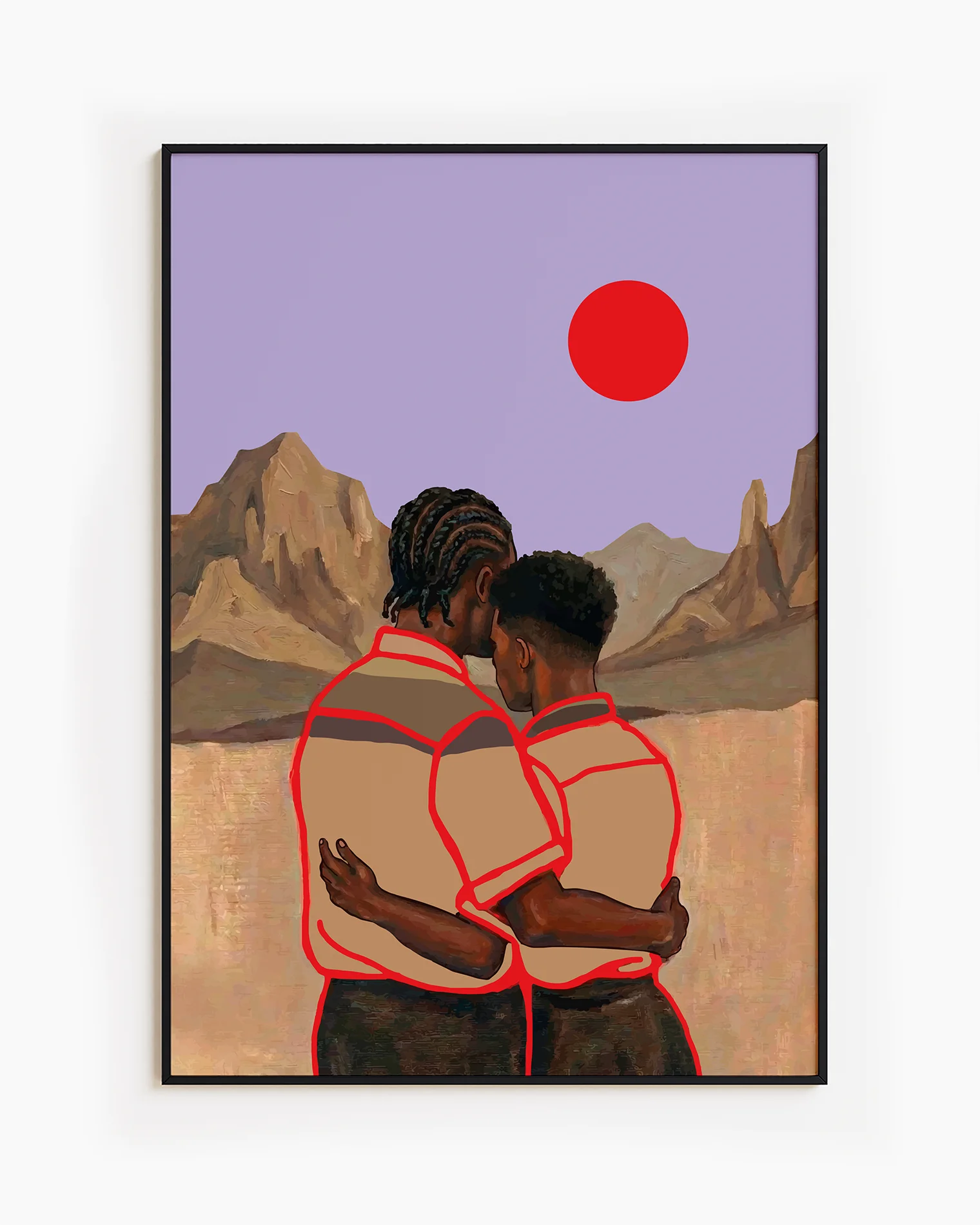 En poster som föreställer två män i en omfamning framför en vacker bergskedja, röd sol och lila himmel.