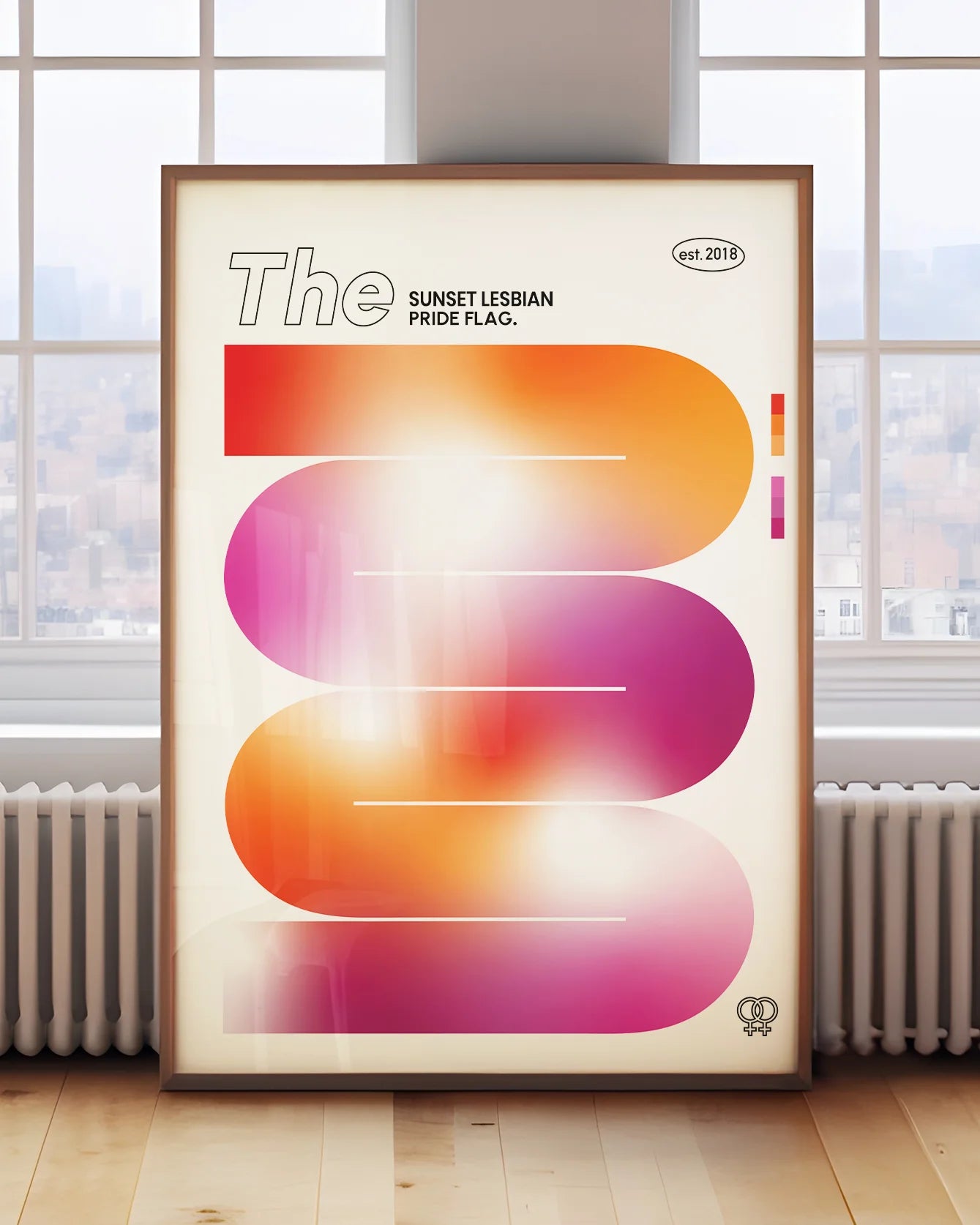 A poster of the lesbian sunset pride flag.