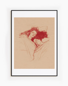 A framed poster with a lesbian couple sleeping under a blanket, sketch style.