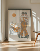 A framed poster depicting two gay men dancing in front of a burning church.