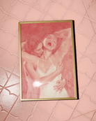 A poster with two ladies hugging, abstract and pink.