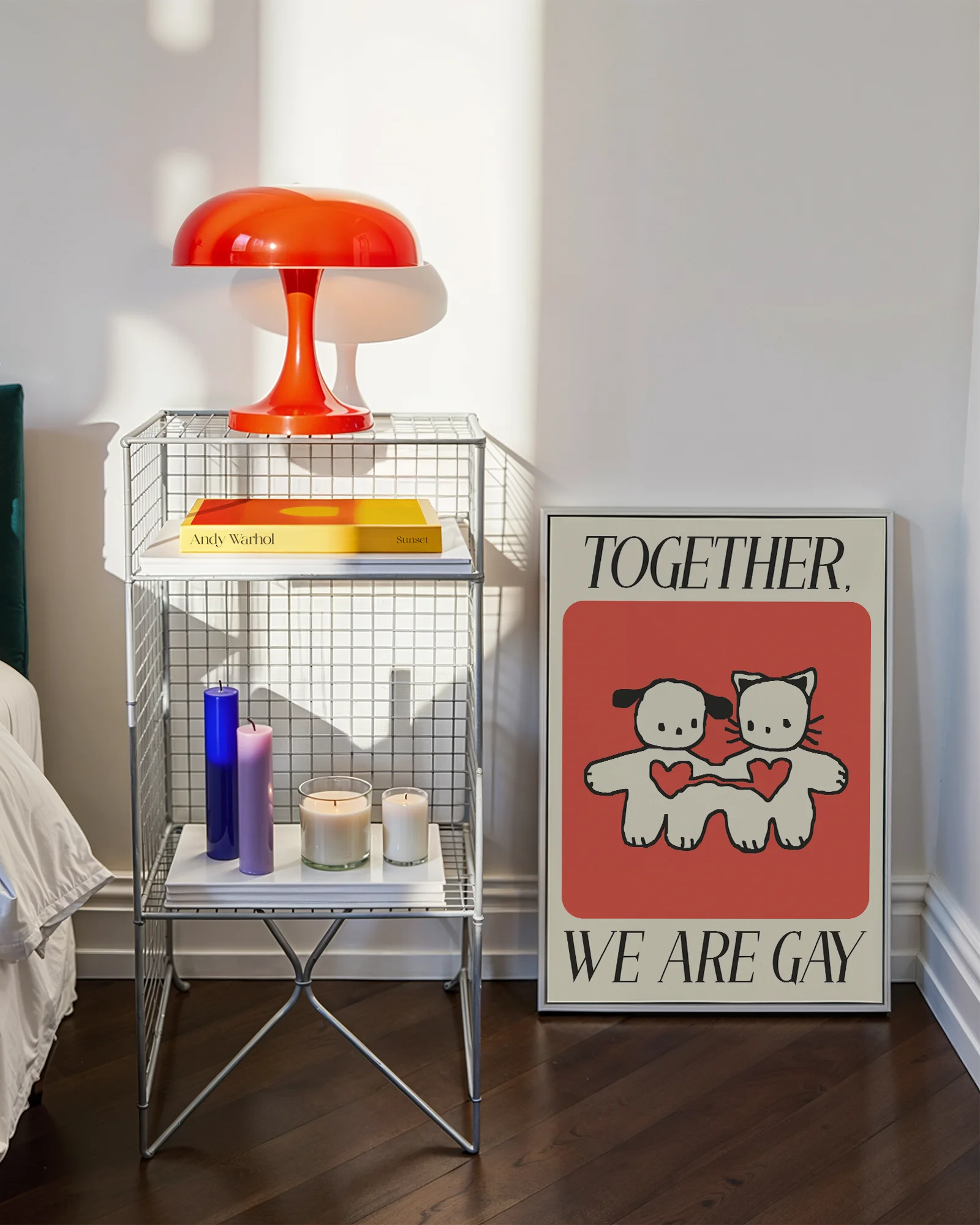 A poster with two cute figures holding hands, with the text 'Together, we are gay'.