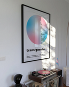 A graphic poster with the transgender flag colors in a gradient circle, with a descriptive text about transgender identity.