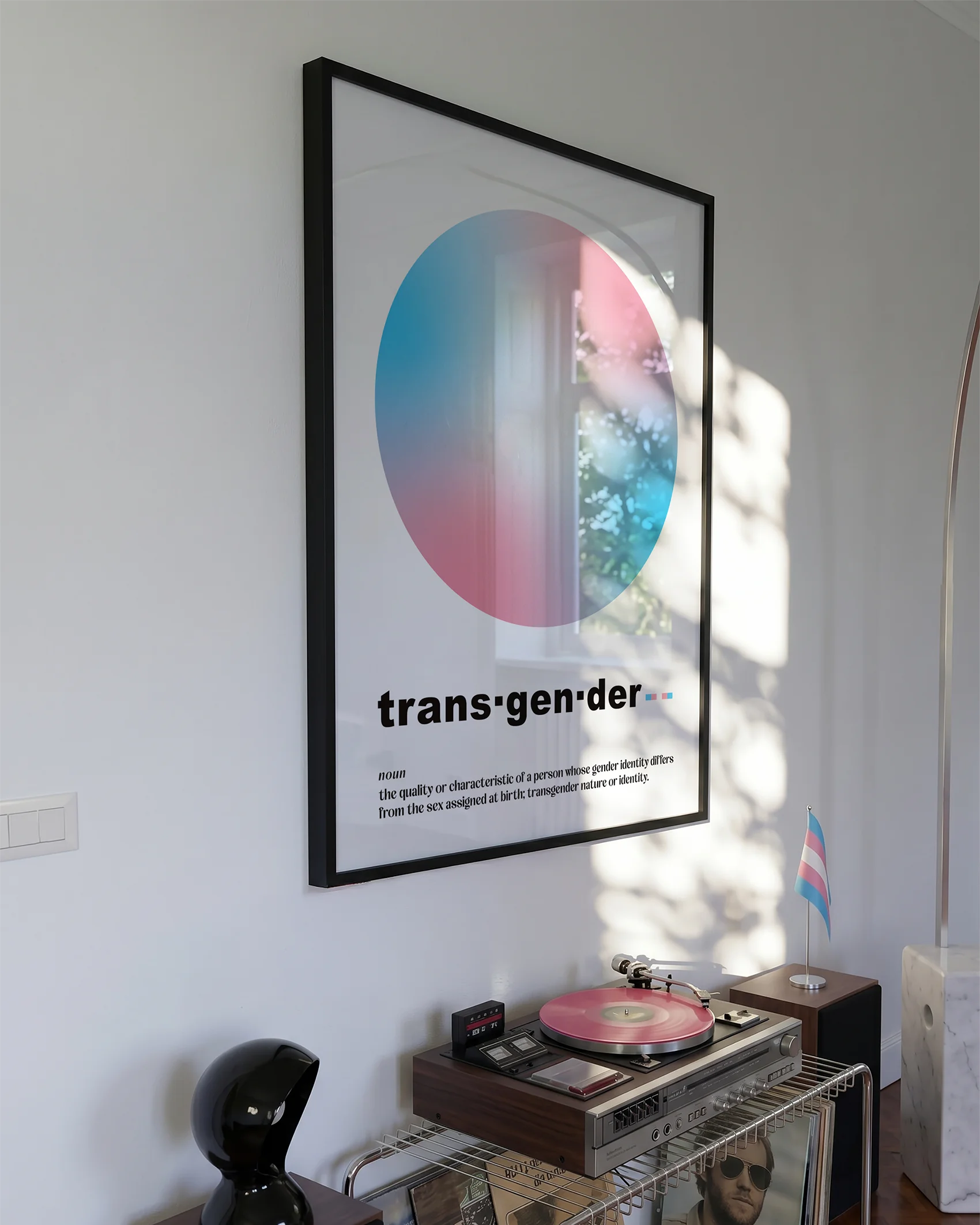 A graphic poster with the transgender flag colors in a gradient circle, with a descriptive text about transgender identity.
