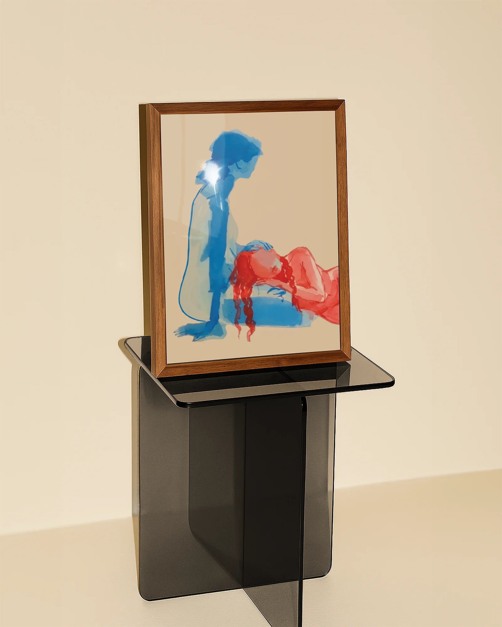 A framed print with two lesbian ladies on the beach, abstract.