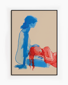 A framed print with two lesbian ladies on the beach, abstract.