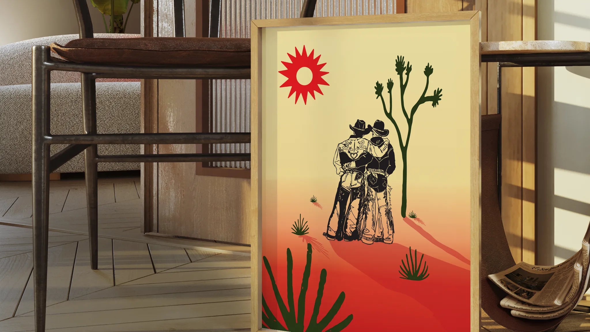 A header image with an illustrated print of a cowboy couple.