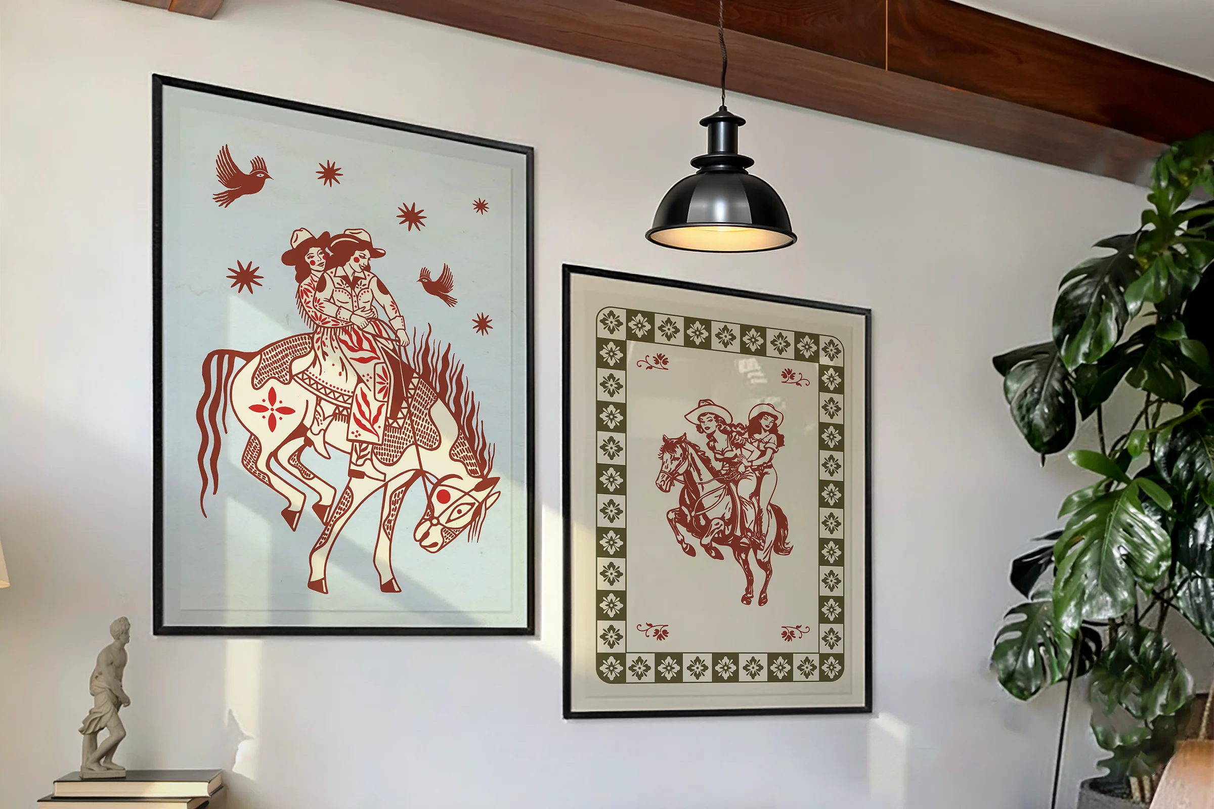 A poster with two lesbian cowgirls riding on a horse together.